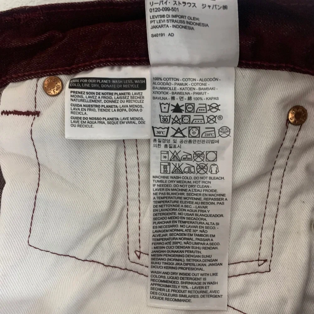 Levi's 501 Original Jeans Mens W42 L32 Burgundy‎ Maroon Button Fly Straight Leg